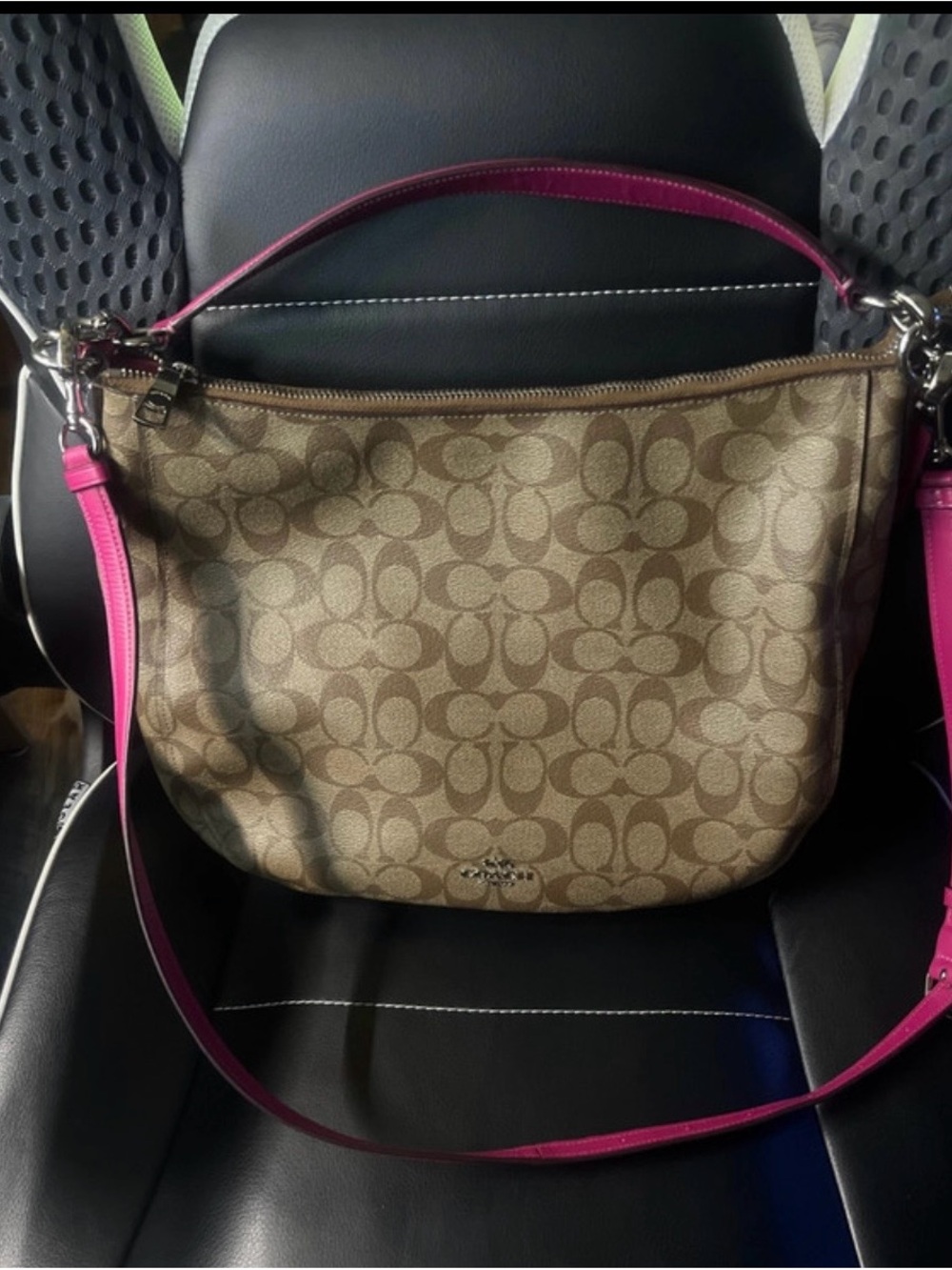Coach Signature Canvas Hobo with Pink Leather Strap
